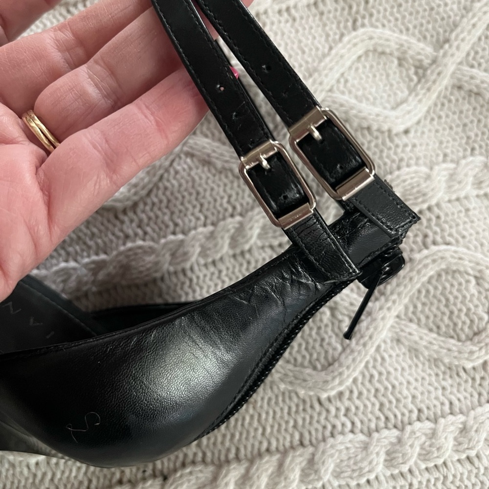 Gianni Bini Black Leather Pointed 3 inch Heels with Double Straps - Picture 7 of 12